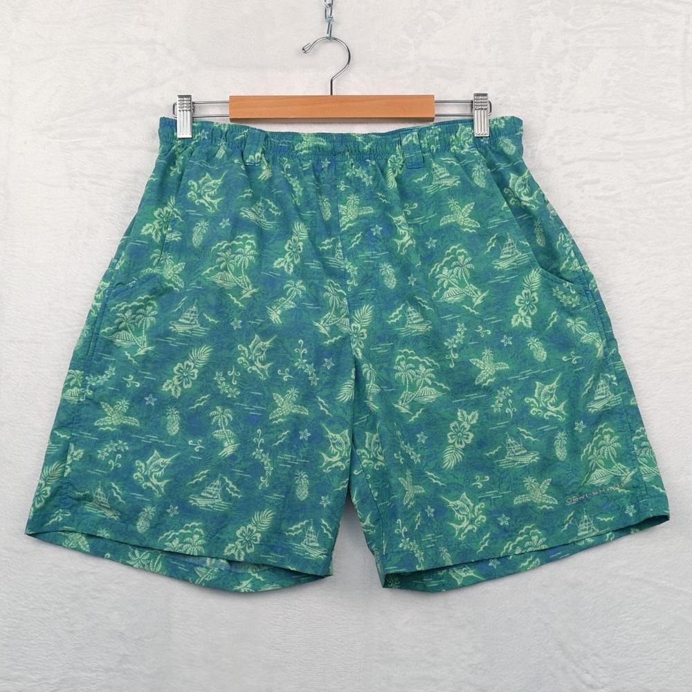 Columbia Sportwear Shorts Men M Green 7.5" PFG Hawaiian Tropical AOP Swim Trunks